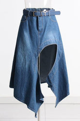 High waist stitching irregular denim skirt